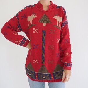 Vintage Portraits Red Moose Tree Knit Sweater Cabincore Cotton Festive L